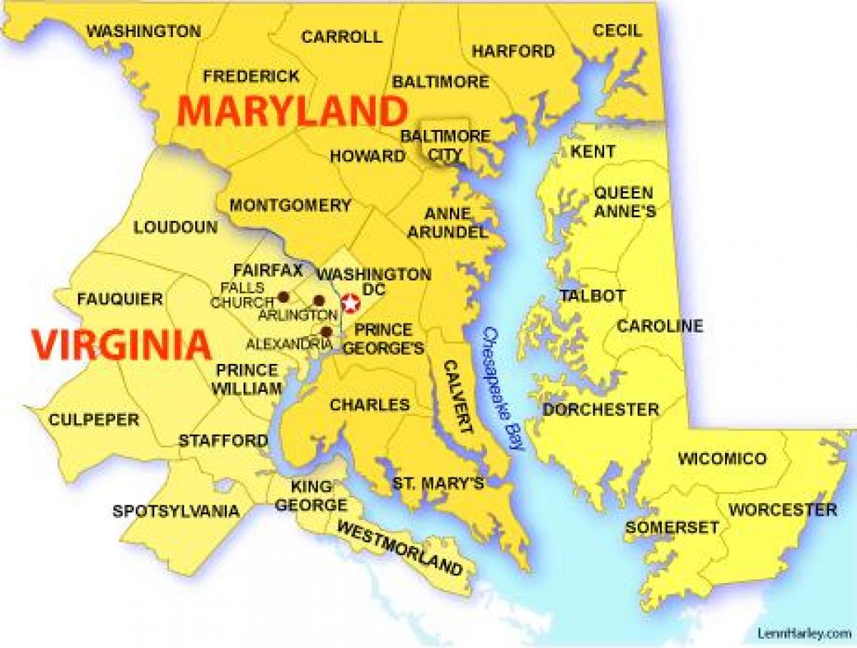карта Мериленд, Вирджиния и Вашингтон, окръг Колумбия
