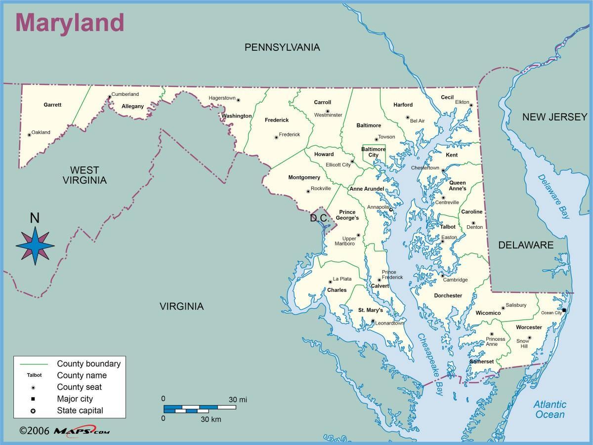 карта на Мериленд и Вашингтон, окръг Колумбия