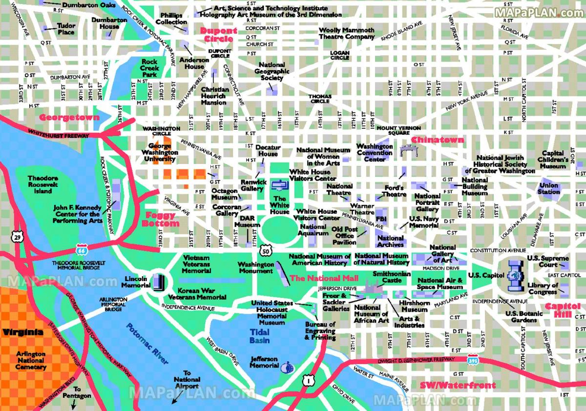 туристически забележителности на Вашингтон, окръг Колумбия карта